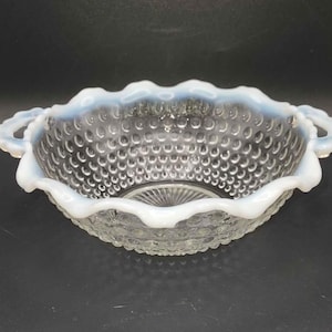 Moonstone Hobnail Glass Handled Serving Bowl Vintage