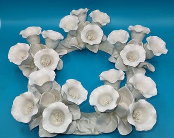 Unique White Flowers Ceramic Pillar Candle Ring, Made in Italy Vintage