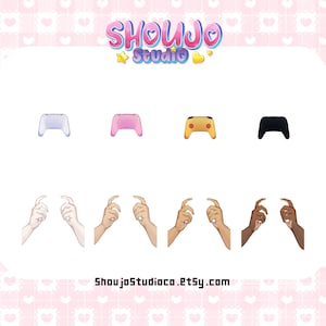May include: A set of eight digital illustrations featuring a variety of controller designs, including white, pink, yellow, and black. The illustrations also include four pairs of hands in different skin tones, each with a finger pointing up.