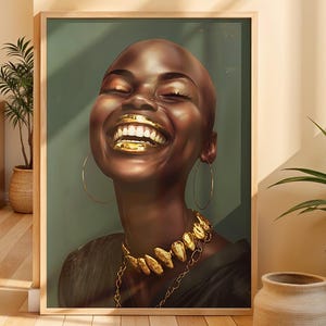 Minimalist Black Art Print: Bald Woman with Gold
