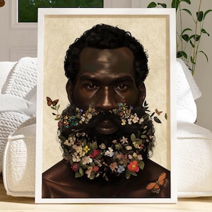 Black Man Beard Art, Black Man Art Flowers, Black Wall Art, Black Man Poster, Black Home Decor, African American Man, Melanin Wall Art