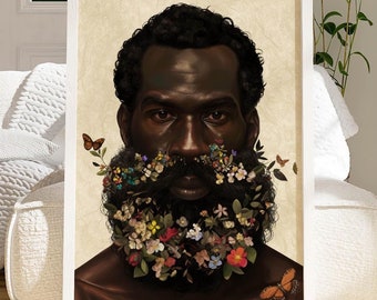 Black Man Art Print: Bohemian Floral Beard, Melanin Home Decor