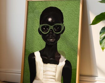 Black Girl Portrait Abstract Art: Green Bohemian Print, Urban Home Canvas