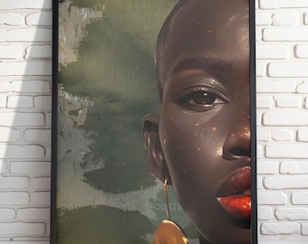 Schwarze Frau Kunstdruck, Afrocentric Print, Goldfarbenes Grün