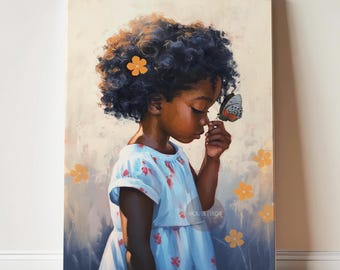 Little Black Girl Art Print: Butterfly Canvas, African American Kisa Room Wall Decor