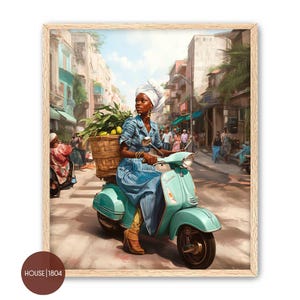 Vespa Girl Art Print, Vespa Black Girl Art, Caribbean Woman Art, Vintage Inspired Vespa Print, Classic Vespa Print, Vespa Caribbean Art