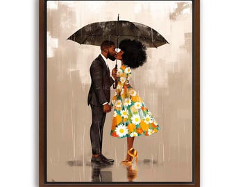 May include: A painting of a couple kissing under a black umbrella in the rain. The woman is wearing a floral dress and the man is wearing a suit. The background is a light brown color.