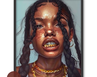 Black Woman Art Print: Grillz, Braids, Urban Boho Decor