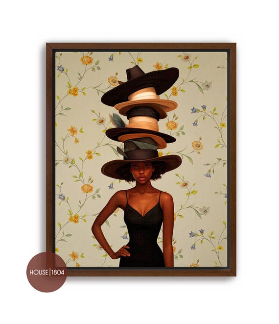Black Woman Art Print: Vintage Hat Lady, Bohemian Home Decor