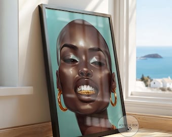 Black Woman with Grillz Art Print, Urban Boho Wall Decor