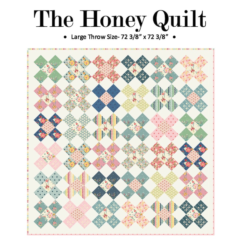 Puede incluir: Un patr&oacute;n de colcha llamado "The Honey Quilt" con un tama&ntilde;o de tiro grande de 72 3/8 pulgadas por 72 3/8 pulgadas. La colcha est&aacute; hecha de una cuadr&iacute;cula de cuadrados con un patr&oacute;n floral en tonos de rosa, azul, verde y amarillo.