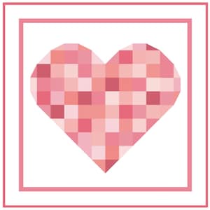 May include: A pixelated heart design in shades of pink, set against a white background. The heart is enclosed within a double pink border, creating a simple yet striking visual.