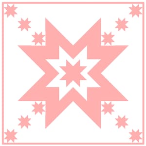 May include: A pink and white starburst design with a large pink star in the centre and smaller pink stars around the edges.