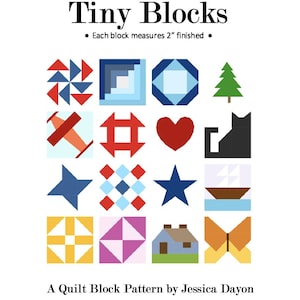 Tiny Blocks 2" FPP quilt block pattern, foundation paper piecing, star FPP pattern, heart, house, butterfly, airplane, tree, sailboat