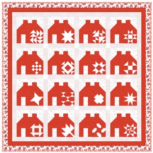 Little Village Quilt Pattern, red and white quilt pattern, house quilt pattern, blue and white quilt, block of the month, sampler quilt