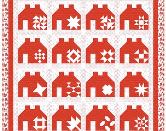 Motif de courtepointe Little Village, motif de courtepointe rouge et blanc, motif de courtepointe maison, courtepointe bleue et blanche, bloc du mois, courtepointe sampler