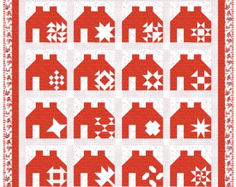 PDF VERSION- Little Village Quilt Pattern, Red White Sampler House Blocks (PDF Download)