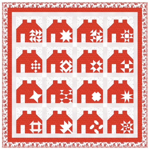 Little Village Quilt Pattern, red and white quilt pattern, house quilt pattern, blue and white quilt, block of the month, sampler quilt