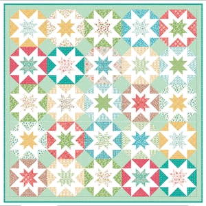 Może przedstawiać: Kołdra w patchworkowym wzorze z powtarzającym się motywem białych gwiazd na różnokolorowych tle. Kołdra składa się z kwadratów i trójkątów w odcieniach niebieskiego, zielonego, czerwonego, żółtego i brązowego.