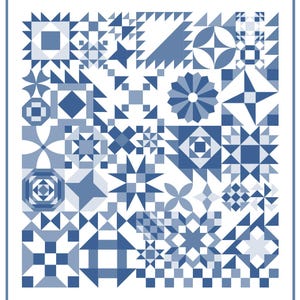2025 Scrappy Sampler Block of the Week, blue and white quilt pattern, sampler quilt pattern, block of the week, block of the month