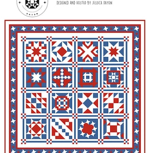 2026 Scrappy Sampler, two color quilt pattern, red white and blue sampler quilt pattern, block of the week, block of the month