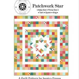 May include: A colorful patchwork quilt pattern with a star design. The quilt features squares in various colors like red, green, yellow, and blue. The text "Patchwork Star" and size options are displayed. The pattern is by Jessica Dayon.