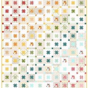 May include: A colorful patchwork quilt featuring a repeating star pattern in various colors including red, orange, yellow, green, and teal. The quilt has a white background with square blocks and a yellow border. The star designs are of different sizes and styles.