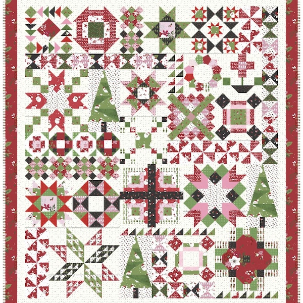 Holly Jolly Sampler Quilt, red and green quilt pattern, sampler quilt pattern, christmas quilt pattern, block of the week
