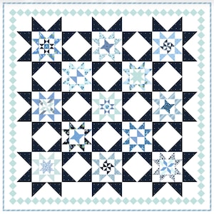 May include: A square quilt featuring a repeating star pattern in shades of blue and white. The stars are set against a white background with a diamond border. The quilt is a patchwork design, showcasing various fabric patterns.