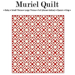 May include: A red and white quilt with a geometric pattern. The quilt is called "Muriel Quilt" and is available in sizes: Baby, Small Throw, Large Throw, Full, Queen, and King.
