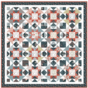 May include: A quilt pattern with a white background and a repeating pattern of dark blue, red, and pink squares and triangles. The pattern is made up of a series of stars.