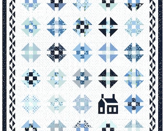 PDF VERSION- Azure Homestead, monkey wrench block, house quilt pattern