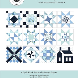 May include: A quilt block pattern titled "Celeste Tiny Blocks" by Jessica Dayon. The pattern features 12 different quilt block designs in shades of blue. Each block measures 3 inches when finished. The pattern includes a variety of geometric and floral patterns.