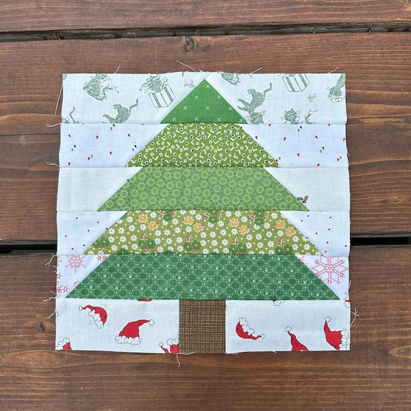 Evergreen quilt block pattern, tree block traditional piecing, quilted tree pattern, 9" 12" 18"