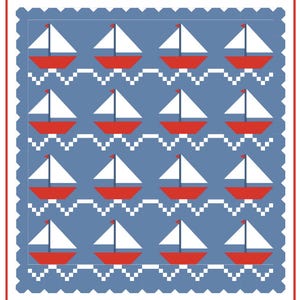 May include: A blue and white patterned fabric with a repeating design of red sailboats on a blue background. The sailboats have white sails and red hulls.