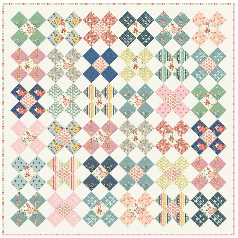 Puede incluir: Un patr&oacute;n de colcha con fondo blanco y una cuadr&iacute;cula de cuadrados coloridos. Cada cuadrado presenta un patr&oacute;n floral diferente en tonos de rosa, azul, verde y amarillo. La colcha est&aacute; compuesta por 49 cuadrados.