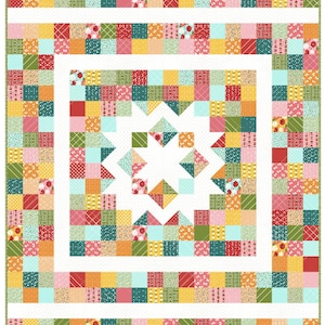 May include: A patchwork quilt with a central star design. The quilt is composed of numerous squares in a variety of colours and patterns, including red, green, yellow, and pink. The border incorporates floral and geometric patterns.