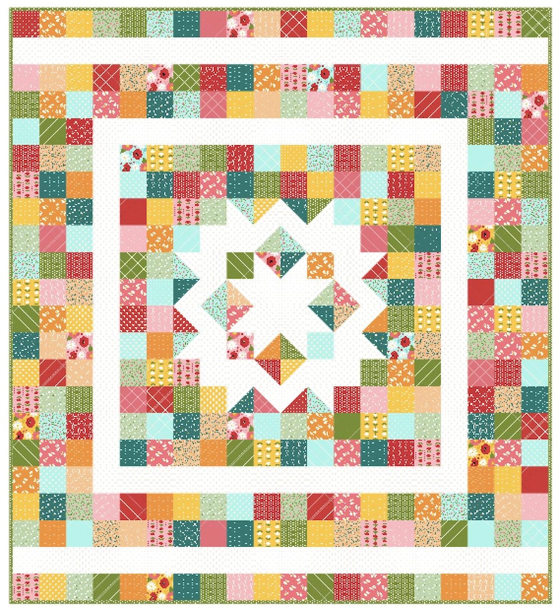 Puede incluir: Un edred&oacute;n de patchwork colorido con un dise&ntilde;o de estrella en el centro. El edred&oacute;n presenta cuadrados de varios patrones y colores, incluyendo rojo, verde, amarillo y rosa. El borde es una mezcla de patrones florales y geom&eacute;tricos.