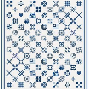 Original Scrappy Sampler Block of the Week (2021/2022), blue and white quilt pattern, sampler quilt pattern, block of the month