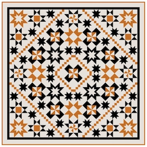 May include: A geometric pattern with black, white, and orange stars and squares. The pattern is repeated throughout the image.