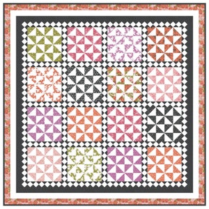 May include: A quilt block pattern with a black and white checkerboard border. The center of the quilt block is made up of 12 smaller squares, each with a different pattern of pink, green, orange, and white triangles.