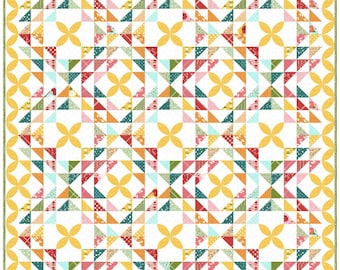 PDF VERSION- Sunshine, half square triangle and appliqué orange peel quilt pattern