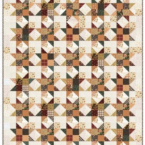 Könnte beinhalten: Ein Patchwork-Quilt mit einem sich wiederholenden Stern- und Quadratmuster. Der Quilt hat einen cremefarbenen Hintergrund mit Quadraten und Sternen in Braun-, Grün- und Cremetönen. Der Quilt hat einen dekorativen Rand.