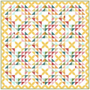 May include: A colorful patchwork quilt with a repeating pattern of triangles and four-petal flower shapes. The quilt features a white background with triangles in various colors, including red, green, orange, and blue. The border is yellow with a green trim.