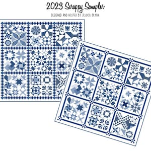 2023 Scrappy Sampler Block of the Week, blue and white quilt pattern, sampler quilt pattern, block of the month