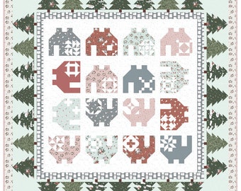 Petit motif de courtepointe de village de Noël, motif de courtepointe rouge et blanc, motif de courtepointe de maison, courtepointe bleue et blanche, courtepointe d’échantillons de Noël