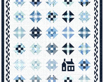 PAPER VERSION- Azure Homestead, monkey wrench block, house quilt pattern