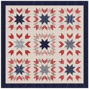 May include: A quilt with a patchwork design featuring red, white, and blue stars. The quilt is made up of nine squares, each with a different star pattern. The background of the quilt is a light cream color.