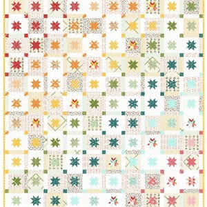 May include: A patchwork quilt featuring a repeating star design in shades of red, orange, yellow, green, and teal. The quilt has a white backdrop with square blocks and a yellow border. The stars vary in size and pattern.