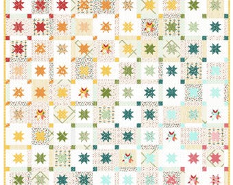 Puede incluir: Un edredón de patchwork con un patrón de estrellas repetido en varios colores, incluyendo rojo, naranja, amarillo, verde y turquesa. El edredón tiene un fondo blanco con bloques cuadrados y un borde amarillo. Las estrellas son de diferentes tamaños y diseños.